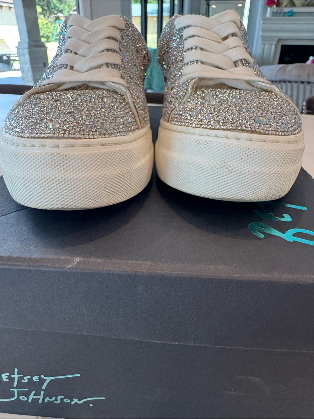 Betsey Johnson Iridescent Crystal-Embellished White Platform Sneakers - Picture 6 of 10